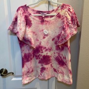 Pink tones with hints of glitter, tie dyed by Candy. S Large T-shirt.